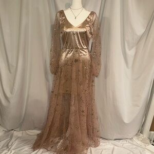 Lulu's “Sweet as Stars” Gold Glitter Pink Mesh Maxi Dress